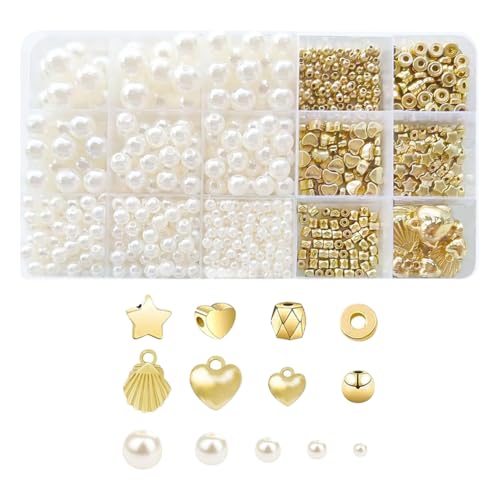 FSSTUD 1000 Stück Kunstperlen, Schmuckherstellung, Abstandshalter, Herz, Stern, Freundschaftsarmband, Perlen, runde Kunststoffperlen, Halskette, Perlen-Set, kleine Muschel-Anhänger mit Box, goldfarben FSSTUD 1000 Stück Kunstperlen, Schmuckherstellung, Abstandshalter, Herz, Stern, Freundschaftsarmband, Perlen, runde Kunststoffperlen, Halskette, Perlen-Set, kleine Muschel-Anhänger mit Box, goldfarben von FSSTUD