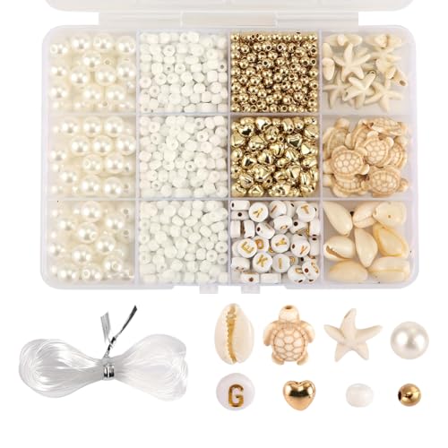 FSSTUD 1042-teiliges Set zur Herstellung von Strandarmbändern, Muschelperlen, Schildkröte, Seestern, Charm-Perlen, Kunststoffperlen, runde Buchstaben-Perlen, Bastelschmuck, Abstandhalter von FSSTUD