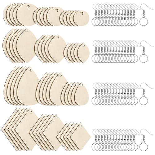 FSSTUD 180 Stück unlackierte Holz-Ohrringe, Tropfenform, Kreis, Blatt, Rohlinge, Ohrringe, Anhänger, Holzdiamantstücke, Holzschmuckherstellung, Ornamente, mit Haken, Biegeringe von FSSTUD