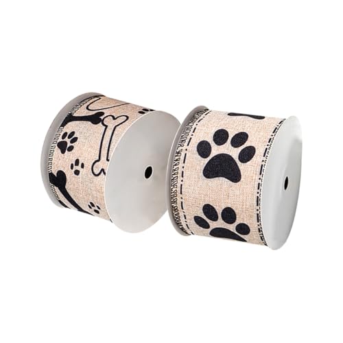 FSSTUD 2 Rollen 4,5 m x 63 mm Hundepfoten-Band, Knochen-Druck, Drahtkante, Geschenkverpackungsband, Tierthema-Party-Bänder, Katzen-Haustierpfoten-Bänder, Bauernhaus-Schleifenherstellung, Zubehör für von FSSTUD