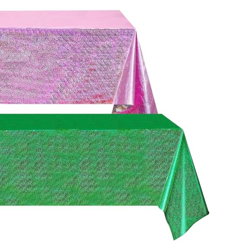 FSSTUD 2 Stück 137 x 274 cm rosa grün holografische Tischdecke Metallic Kunststoff Tischdecke Glitzer rechteckige Tischdecke schillernde Laserparty Tischdecke für Veranstaltungen von FSSTUD