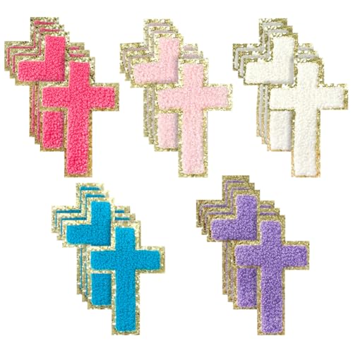FSSTUD 20 Stück kleine Kreuz-Aufnäher zum Aufbügeln, Chenille-Stickerei-Flicken bestickte Kreuz-Applikationen für Kleidung, Reparaturapplikationen, dekorativer Aufkleber mit goldenen Rändern von FSSTUD