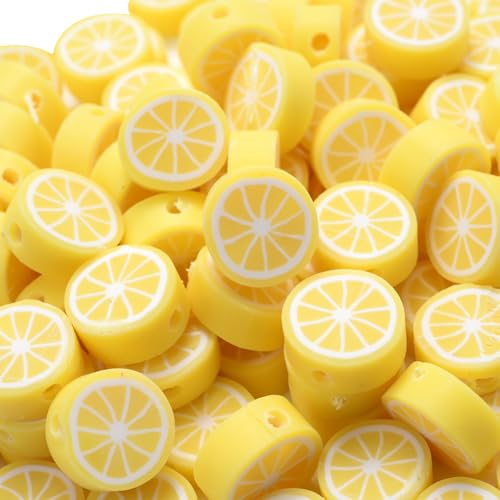 FSSTUD 200 Stück 10 mm gelbe Zitronen-Modelliermassen-Perlen, Sommerfrucht-Charm-Perlen, flache Schmuckherstellung, niedliches Freundschaftsarmband, Halskette, Perlenzubehör mit Löchern für FSSTUD 200 Stück 10 mm gelbe Zitronen-Modelliermassen-Perlen, Sommerfrucht-Charm-Perlen, flache Schmuckherstellung, niedliches Freundschaftsarmband, Halskette, Perlenzubehör mit Löchern für von FSSTUD