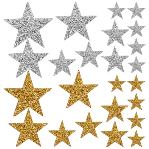 FSSTUD 24 Stück Strass-Aufnäher in Sternform, zum Aufbügeln, glitzernde Applikationen, Glitzer, Nähen, Stickerei, dekorative Kleidung, Aufkleber, goldfarben und silberfarben von FSSTUD