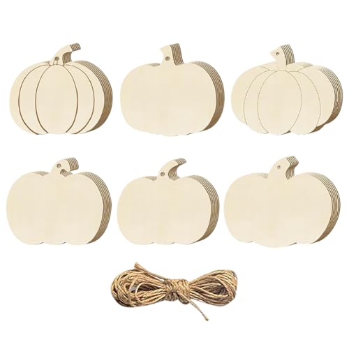 FSSTUD 36 Stück 9 cm blanko unlackierte Holzkürbisse Halloween Holzkürbis-Ornamente Kürbis-Form Holzstücke Thanksgiving Holzausschnitte DIY Handwerk Kürbis Dekorationen mit Schnur zum Malen von FSSTUD