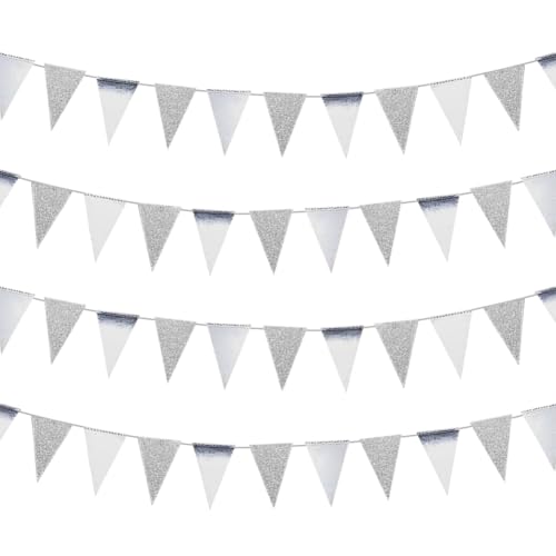 FSSTUD 4 Streifen Metallic Papier Banner Glitzer Geburtstag Wimpelkette Verlobung Party Wimpel Banner Garten Dreieck Hängende Flaggen Baby Brautdusche Girlanden Silber FSSTUD 4 Streifen Metallic Papier Banner Glitzer Geburtstag Wimpelkette Verlobung Party Wimpel Banner Garten Dreieck Hängende Flaggen Baby Brautdusche Girlanden Silber von FSSTUD