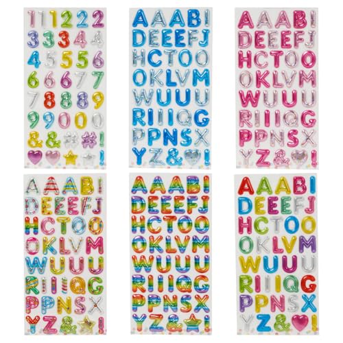 FSSTUD 6 Bögen 3D-Buchstaben- und Zahlenaufkleber, geschwollene Alphabet-Buchstaben-Aufkleber, Glitzer, bunte Aufkleber, Zahlen, farbige selbstklebende Buchstaben, dekorative Buchstaben, Zahlen für von FSSTUD