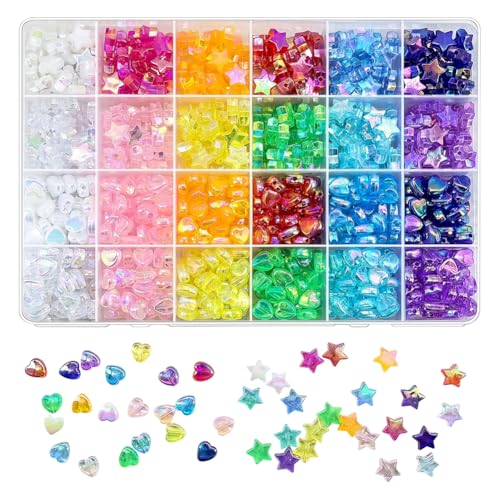 FSSTUD Acryl-Herz-Stern-Perlen-Set, sternförmige Abstandshalter, bunte Herz-Charm-Perlen, farbige Schmuckherstellung, Herzen, Sterne, AB-Farbe, Kunststoffperlen-Sortiment-Set für selbstgemachte von FSSTUD