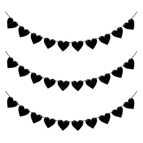 FSSTUD Filz-Herz-Girlande, schwarzes Herz-Banner, Gothic-Stil, Hochzeitsbanner, Valentinstag, Junggesellinnenabschied, Banner, Halloween, Heimdekoration, Girlande, 3 Stück von FSSTUD