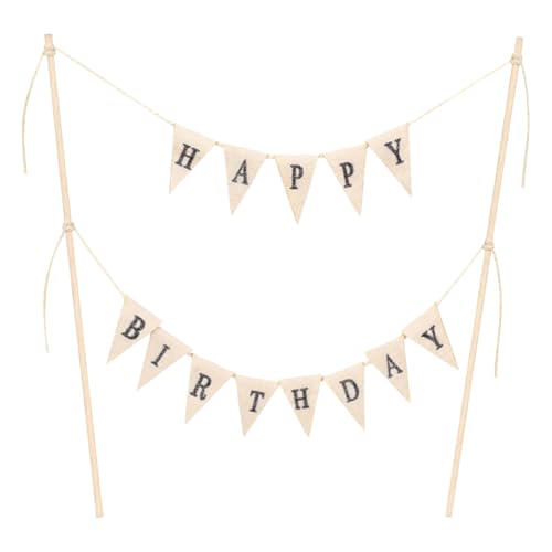 FSSTUD Happy Birthday Banner Cake Topper Geburtstag Party Kuchen Wimpelkette Topper Wimpel Flaggen mit Holzstange Cupcake Banner Dekorationen Foto Requisiten für Jahrestag von FSSTUD