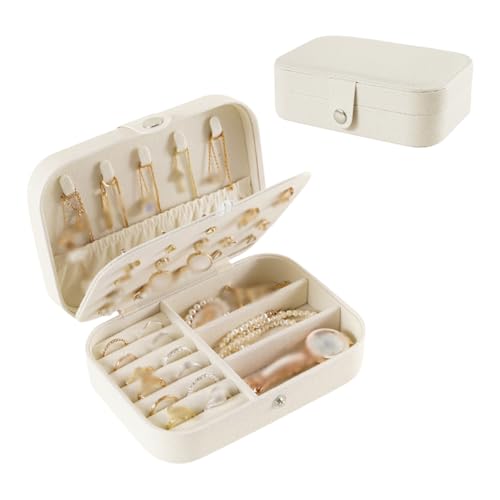 FSSTUD Kleine Schmuckschatulle aus PU-Leder, tragbar, für Reisen, Schmuck, Kette, Armband, Halskette, Ohrstecker, Ohrringhalter, Organizer, Box, tragbarer Ring-Organizer mit Verschlüssen, Weiß FSSTUD Kleine Schmuckschatulle aus PU-Leder, tragbar, für Reisen, Schmuck, Kette, Armband, Halskette, Ohrstecker, Ohrringhalter, Organizer, Box, tragbarer Ring-Organizer mit Verschlüssen, Weiß von FSSTUD