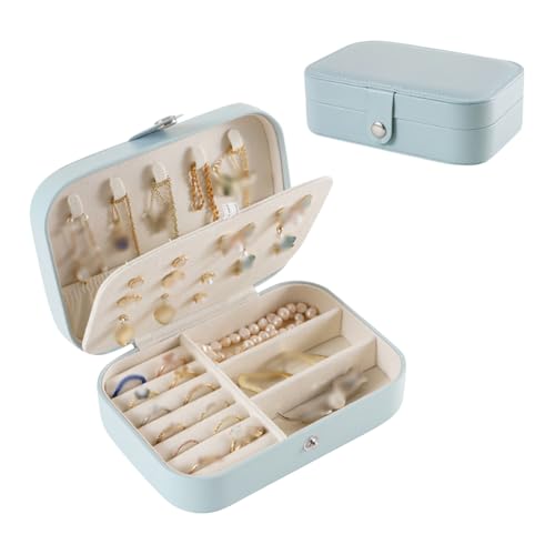 FSSTUD Kleine Schmuckschatulle aus PU-Leder, tragbar, für Reisen, Schmuck, Ketten, Armbänder, Halsketten, Ohrstecker, Ohrringe, Organizer, Box, tragbarer Ring-Organizer mit Verschlüssen, Blau FSSTUD Kleine Schmuckschatulle aus PU-Leder, tragbar, für Reisen, Schmuck, Ketten, Armbänder, Halsketten, Ohrstecker, Ohrringe, Organizer, Box, tragbarer Ring-Organizer mit Verschlüssen, Blau von FSSTUD