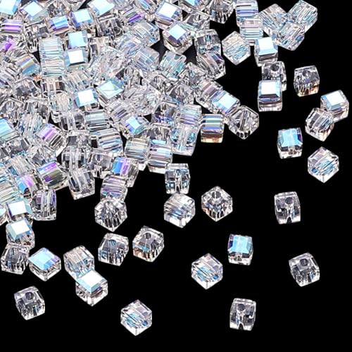 FSSTUD Quadratische Glasperlen, 8 mm, Würfel, Armband, Kristall, Halskette, Perlen, Schmuckherstellung, facettierte Perlen, quadratische Kristall-Abstandshalter, Windspiele, Bastelperlen, AB-Farbe, von FSSTUD