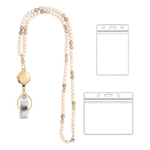 FSSTUD Schlüsselband aus Holzperlen mit Ausweishalter, einziehbare Perlen, Lehrer-Schlüsselband, niedliches Abzeichen-Schlüsselband, Büro-Namensschild, Halskette, Boho-Halsband, Schlüsselband für von FSSTUD