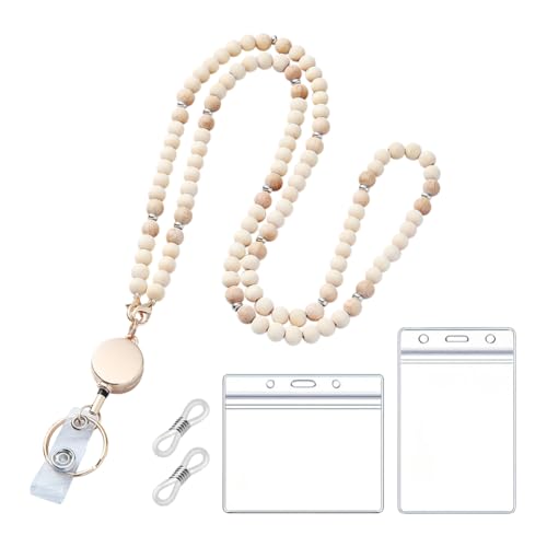 FSSTUD Schlüsselband mit Holzperlen, niedliches Lehrer-Schlüsselband, einziehbar, Boho-Ausweishalter, dekorativer Schlüsselanhänger mit 2 transparenten Kartenhaltern und 2 Brillenkettenenden für Büro FSSTUD Schlüsselband mit Holzperlen, niedliches Lehrer-Schlüsselband, einziehbar, Boho-Ausweishalter, dekorativer Schlüsselanhänger mit 2 transparenten Kartenhaltern und 2 Brillenkettenenden für Büro von FSSTUD
