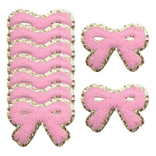 FSSTUD Selbstklebende Chenille-Patches, kleine rosa Schleife, Applikationen, niedlich, bestickt, zum Aufnähen, Sticken, Applikationen, dekorativer Aufkleber mit glitzernden goldenen Rändern, 9 Stück von FSSTUD