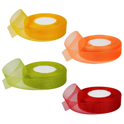 Farbiges Organzaband, einfarbig, durchscheinendes Chiffonband, mehrfarbig, Stoffband, Basteln, Geschenkband, dekoratives Festivalband für Kranz, Schleife, Gelb, Orange, Grün, Rot, 4 Rollen, 2,5 cm x Farbiges Organzaband, einfarbig, durchscheinendes Chiffonband, mehrfarbig, Stoffband, Basteln, Geschenkband, dekoratives Festivalband für Kranz, Schleife, Gelb, Orange, Grün, Rot, 4 Rollen, 2,5 cm x von FSSTUD