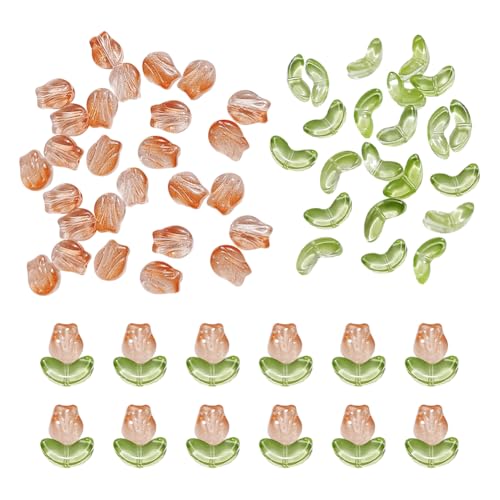 Glasperlen in Tulpenform, 9 mm und 100 Stück, 14 x 7 mm, grüne Blätter, durchscheinende Kristallperlen, Frühlingsschmuckherstellung, dekorative Blätter, Charms für Halsketten, Orange / Grün, 100 Stück Glasperlen in Tulpenform, 9 mm und 100 Stück, 14 x 7 mm, grüne Blätter, durchscheinende Kristallperlen, Frühlingsschmuckherstellung, dekorative Blätter, Charms für Halsketten, Orange / Grün, 100 Stück von FSSTUD