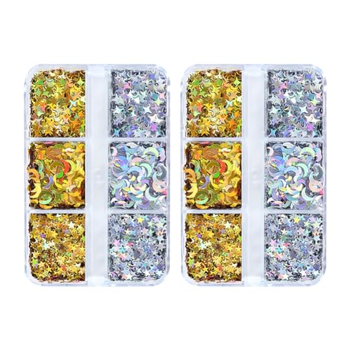 Nagelglitzer, Stern- und Mond-Form, kleine Sternform, Nagel-Pailletten, glänzende Nagelflocken, niedliches Nagelkonfetti, Glitzer, Epoxidharz, 3D-Nagelkunst-Dekorationen für Heimwerker, 2 Boxen Nagelglitzer, Stern- und Mond-Form, kleine Sternform, Nagel-Pailletten, glänzende Nagelflocken, niedliches Nagelkonfetti, Glitzer, Epoxidharz, 3D-Nagelkunst-Dekorationen für Heimwerker, 2 Boxen von FSSTUD