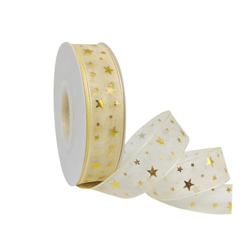 Organza-Band, 22,7 m x 2 cm, goldener Sternendruck, Organza-Geschenkband, durchsichtige Schleifenbänder, Tüll-Blumenstrauß-Bänder, Weihnachts-Bordüre für Urlaubsparty Organza-Band, 22,7 m x 2 cm, goldener Sternendruck, Organza-Geschenkband, durchsichtige Schleifenbänder, Tüll-Blumenstrauß-Bänder, Weihnachts-Bordüre für Urlaubsparty von FSSTUD