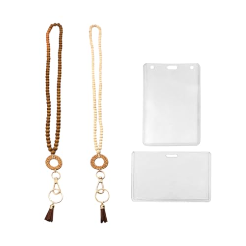 Schlüsselband für Lehrer, Holzperlen, Boho-Stil, langer Schlüsselanhänger mit Clip-Ring und vertikalem Namenskarten-Halter, horizontales Ausweisfach von FSSTUD