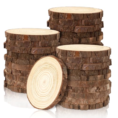 FSWCCK 30 Stück naturbelassene Holzscheiben, 8,9 - 10,2 cm, runder Holzkreis mit Baumrinde, rustikale Holz-Mittelstücke für Hochzeiten, Tischdekoration und DIY-Malerei, Handwerk von FSWCCK