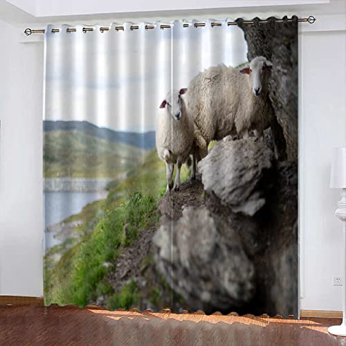 FTCAKET Verdunkelung Thermovorhänge Gras Steine Schafe Wohnzimmer Gardine 220x215 cm( Breite x Höhe) Mit Ösen 2Er Set Vorhänge Für Wohnkultur Kinderzimmer Modern von FTCAKET