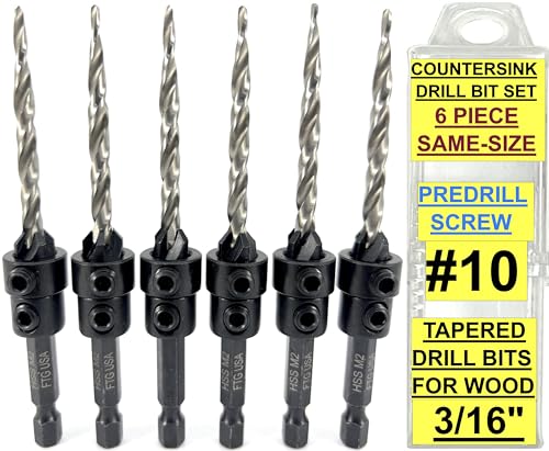 FTG USA 6-teiliges Kegelsenker-Bohrer-Set mit konischen Bohrern für Holz, Tiefenanschlagkragen, Sechskantschlüssel und Aufbewahrungsbehälter, #10 (3/16 Zoll) von FTG USA