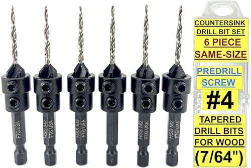 FTG USA 6-teiliges Kegelsenker-Bohrer-Set mit konischen Bohrern für Holz, Tiefenanschlagkragen, Sechskantschlüssel und Aufbewahrungsbehälter, #4 (7/64 Zoll) von FTG USA