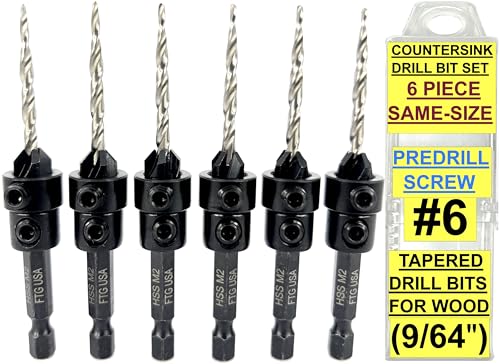 FTG USA 6-teiliges Kegelsenker-Bohrer-Set mit konischen Bohrern für Holz, Tiefenanschlagkragen, Sechskantschlüssel und Aufbewahrungsbehälter, #6 (9/64 Zoll) von FTG USA