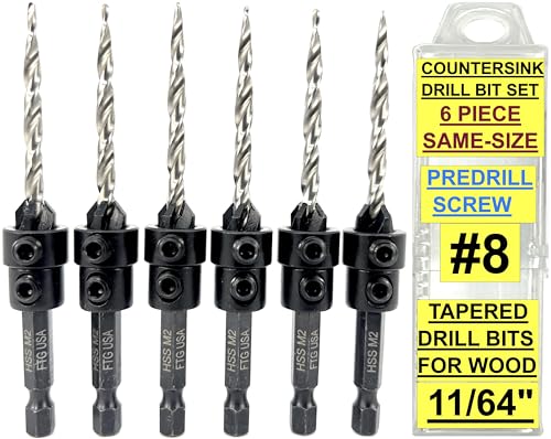 FTG USA 6-teiliges Kegelsenker-Bohrer-Set mit konischen Bohrern für Holz, Tiefenanschlagkragen, Sechskantschlüssel und Aufbewahrungsbehälter, #8 (11/64 Zoll) von FTG USA