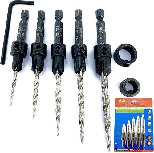 FTG USA Holz Kegelsenker Bohrer Set 5 Größen Set Kegelsenker #4, 6, 8, 10, 12 Kegelbohrer mit Sechskantschaft Kegelsenker Bit, 1 Inbusschlüssel, Kegelsenker Bohrer für Holzbearbeitung FTG USA Holz Kegelsenker Bohrer Set 5 Größen Set Kegelsenker #4, 6, 8, 10, 12 Kegelbohrer mit Sechskantschaft Kegelsenker Bit, 1 Inbusschlüssel, Kegelsenker Bohrer für Holzbearbeitung von FTG USA