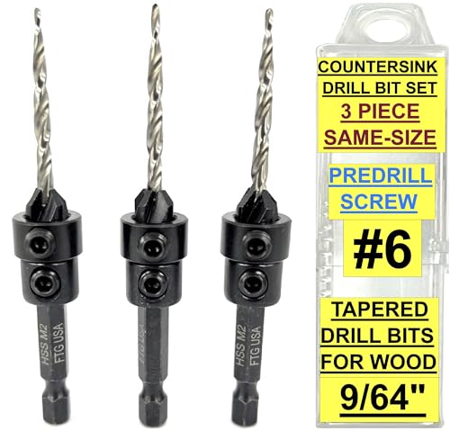 FTG USA Kegelsenker-Bohrer-Set mit konischen Bohrern für Holz, Tiefenanschlagkragen, Sechskantschlüssel und Aufbewahrungsbehälter, 3-teilig #6 (9/64 Zoll) von FTG USA