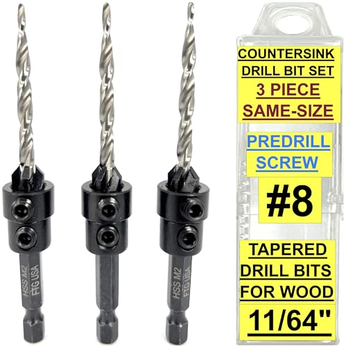 FTG USA Kegelsenker-Bohrer-Set mit konischen Bohrern für Holz, Tiefenanschlagkragen, Sechskantschlüssel und Aufbewahrungsbehälter, 3-teilig #8 (11/64 Zoll) von FTG USA