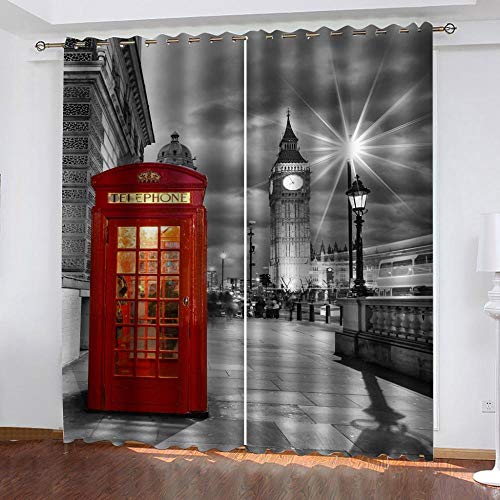 FTJDR 3D Vorhang Blickdicht Londoner Straßenansicht Gardine Polyester Mit Haken Für Schlafzimmer Kinderzimmer Wohnzimmer Dekoration 2Er Set 150X166Cm von FTJDR