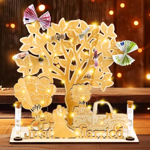 FTUREERA Geldgeschenk Hochzeit, Hochzeitsgeschenke für Brautpaar Geldgeschenk Just Married, Geldbaum Hochzeit Holz mit LED Lichterkette, Hochzeitsgeschenke Lebensbaum Wunscherfüller Geschenk von FTUREERA