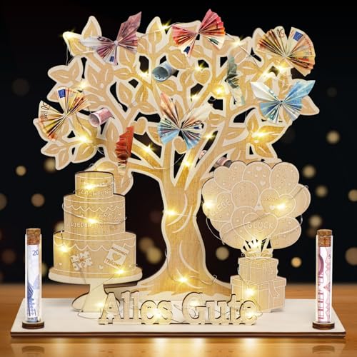 FTUREERA Geldgeschenke Geburtstag, Geldbaum Geschenk mit LED-Lichterkette, Geldgeschenk Hochzeit, Geldgeschenke Verpackung aus Holz, Lebensbaum Geldgeschenk für Männer Frauen Brautpaare von FTUREERA