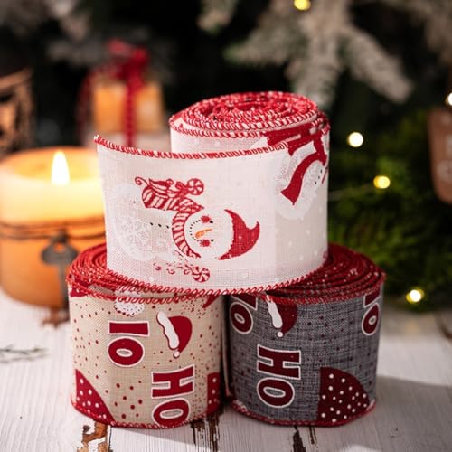 Bedrucktes Weihnachtsband mit Drahtleinenstoff für Blumengirlanden, Kränze und Weihnachtsbaumdekoration, erhältlich in mehreren Rollenmengen für DIY-Projekte (grau) von FUANA