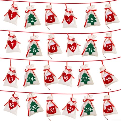 Filz hängende Countdown-Kalendertasche für Weihnachten mit Zahlen 1 bis 24, wiederverwendbare und festliche Dekoration für Feiertags-Leckereien und kleine Spielzeuge (Entleerung 1-24) von FUANA