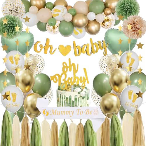 Babyparty Deko Junge Mädchen, Neutral Baby Shower Deko mit Luftballoons Grün Gold,Konfetti-Ballons,Oh Baby Banner,Quaste Girlande,Mommy to Be Sash für Gender Reveal Party Dekoration Baby Dusche Deko von FUBABCO