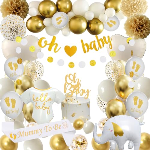 Babyparty Deko Mädchen Junge,Neutral Baby Shower Deko mit Weiße Gold Luftballoons,Oh Baby Banner,Papierbommel,Mommy to Be Schärpe für Gender Reveal Party Dekoration Baby Dusche Deko von FUBABCO
