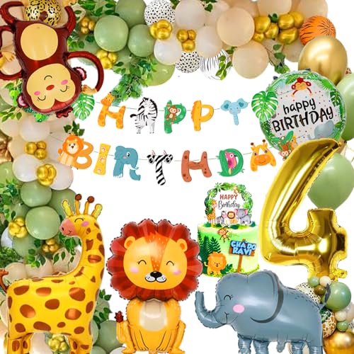 Deko 4. Geburtstag Junge Mädchen - Dschungel Kindergeburtstag, Luftballons, Waldtiere, Safari - Geburtstagsdeko 4 Jahr von FUBABCO