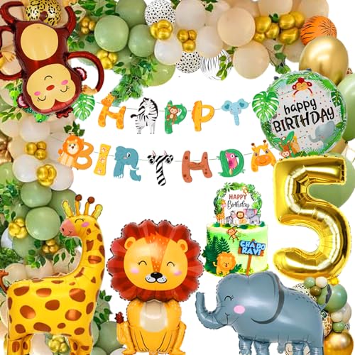 Deko 5. Geburtstag Junge Mädchen - Dschungel Kindergeburtstag, Luftballons, Waldtiere, Safari - Geburtstagsdeko 5 Jahr von FUBABCO