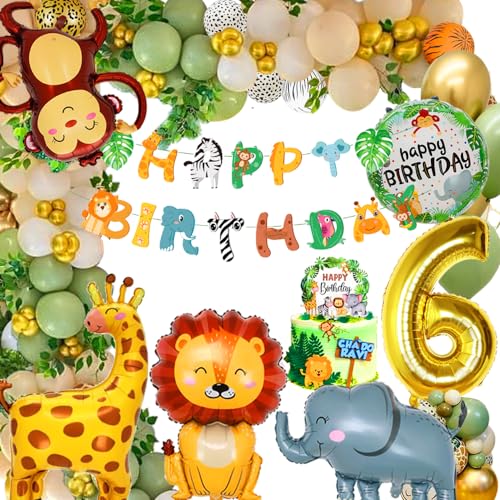 Deko 6. Geburtstag Junge Mädchen - Dschungel Kindergeburtstag, Luftballons, Waldtiere, Safari - Geburtstagsdeko 6 Jahr von FUBABCO