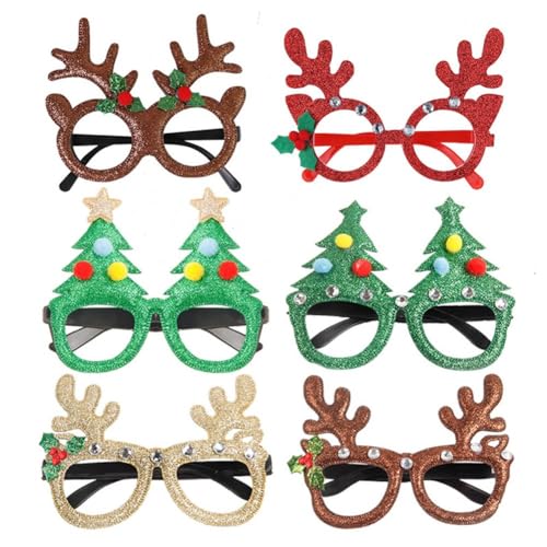 FUBESK Brillenrahmen für Weihnachtsfeiern mit Glitzerstoff für Erwachsene und Kinder, lustige Brillen-Requisiten mit Weihnachtsmann, Schneemann, Elchgeweih, Weihnachtsbaum für Feiertage (C) von FUBESK