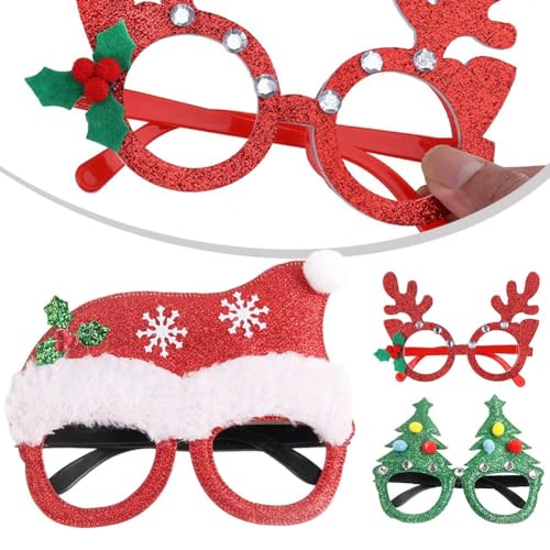 FUBESK Brillenrahmen für Weihnachtsfeiern mit Glitzerstoff für Erwachsene und Kinder, lustige Brillen-Requisiten mit Weihnachtsmann, Schneemann, Elchgeweih, Weihnachtsbaum für Feiertage (Silber) von FUBESK