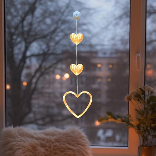 1 Stück LED Lichterkette Fenster mit Saugnäpfe, Herze Lichterkette Fenster Deko, LED Herze Lichterkette zum Aufhängen Warmweiß Herz Lichter Fensterbeleuchtung für Valentinstag Ostern Ramadan Deko von FUFRE