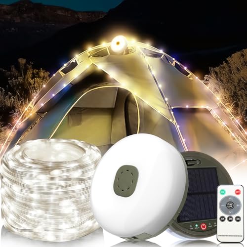 10m Camping Lichterkette Aufrollbar Solar/USB Wiederaufladbare Campinglampe mit Fernbedienung, Timerfunktion, 8 Beleuchtungsmodi, 3600mAh Batteriebe, Wasserdichte Lichterkette Außen Innen (Warmweiß) von FUFRE