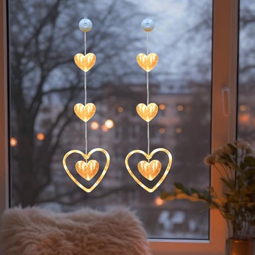 2PCS LED Lichterkette Fenster mit Saugnäpfe, Herze Lichterkette Fenster Deko, LED Lichterkette zum Aufhängen Warmweiß Herz Lichter Fensterbeleuchtung Valentinstag Ramadan Deko von FUFRE