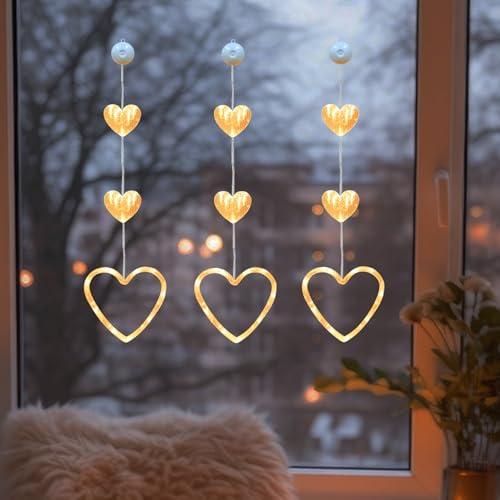 3 Stück LED Lichterkette Fenster mit Saugnäpfe, Herze Lichterkette Fenster Deko, LED Herze Lichterkette zum Aufhängen Warmweiß Herz Lichter Fensterbeleuchtung für Valentinstag Ostern Ramadan Deko von FUFRE